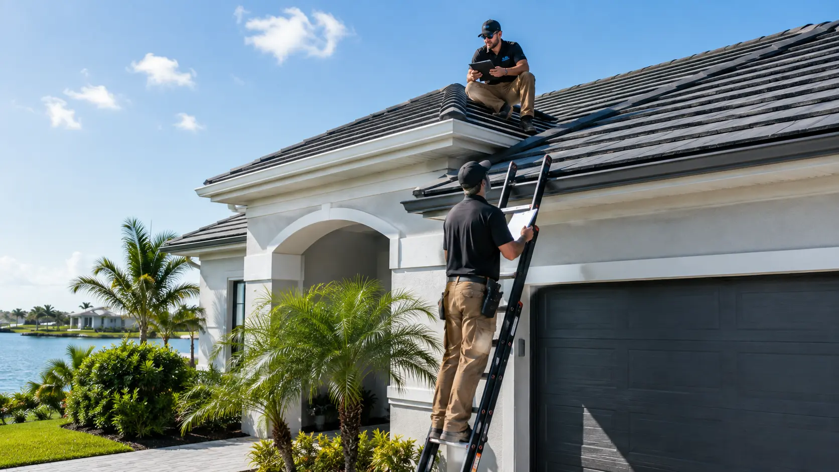 Roof inspector documenting a tile roof from a ladder at a Cape Coral home