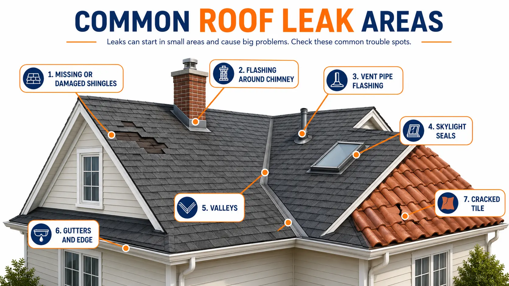 Diagram of common roof leak areas: damaged shingles, chimney flashing, vent pipe flashing, skylight seals, valleys, gutters and edges, and cracked tile