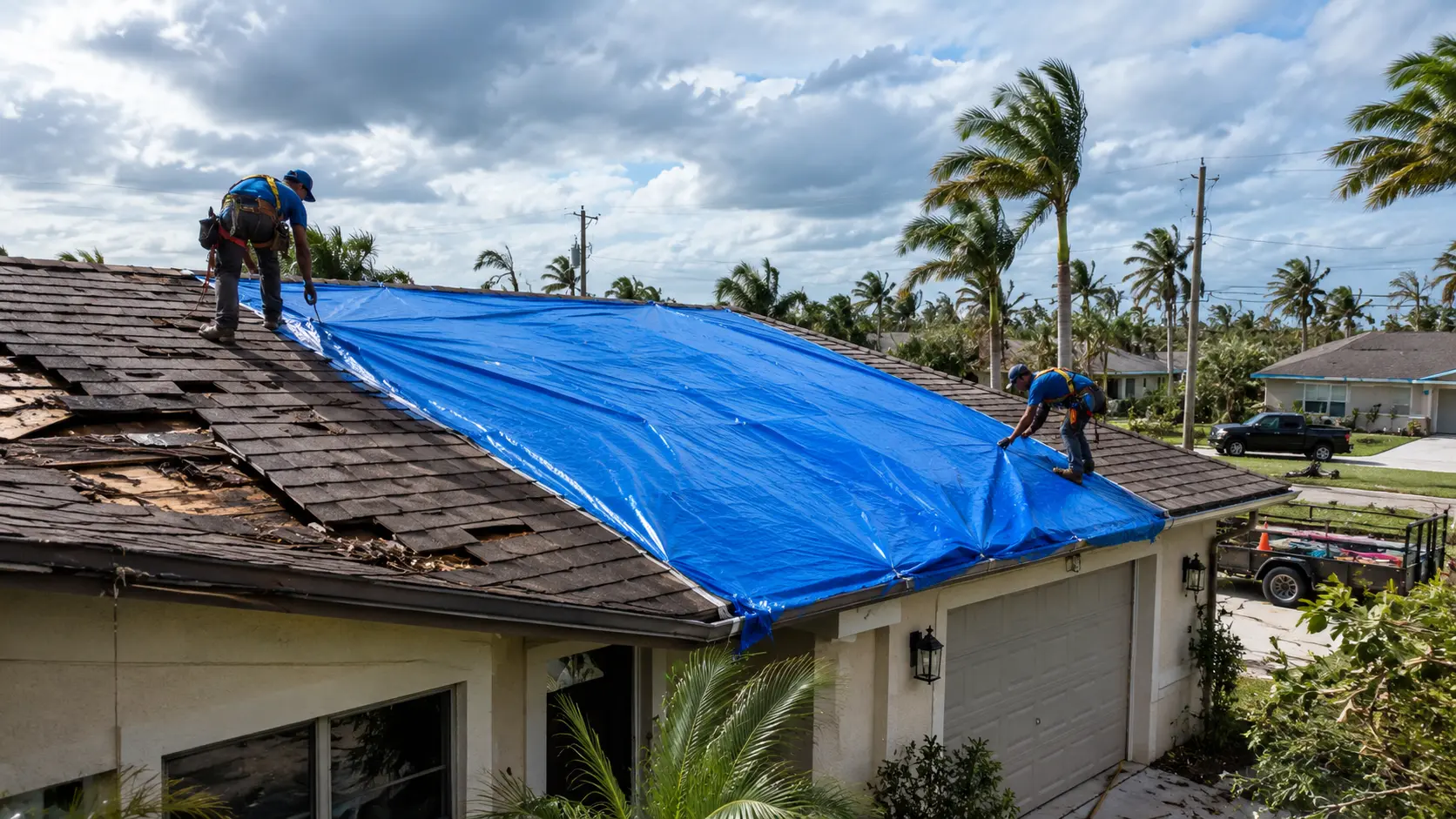 Crew installing a blue emergency tarp over storm-damaged roof decking in Southwest Florida