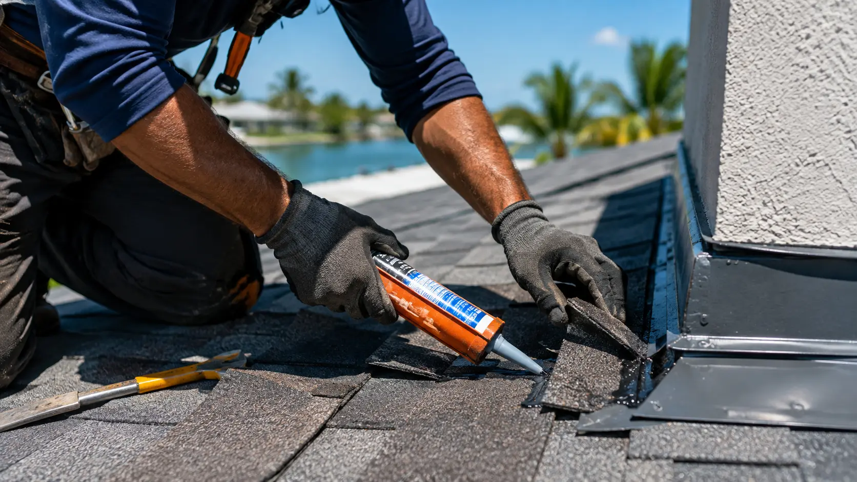 Roofer sealing metal flashing where a shingle roof meets a stucco wall