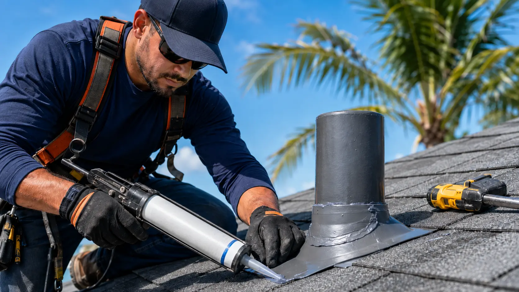 Roofer sealing a vent pipe boot flashing on an asphalt shingle roof