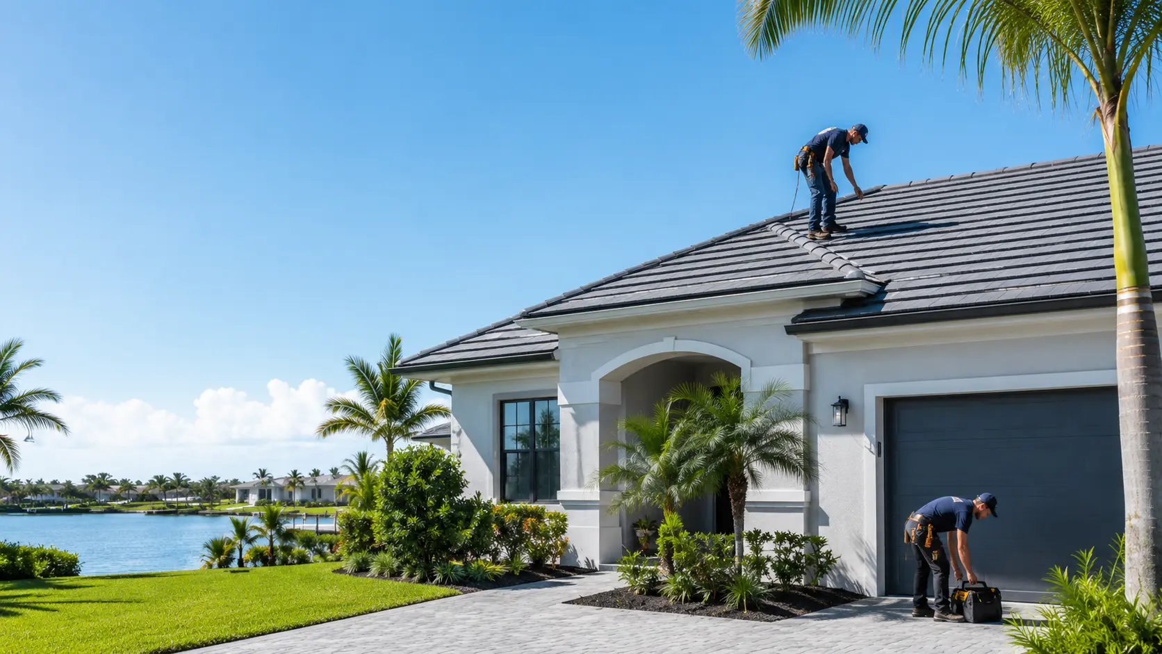Completed roof repair being checked on a Cape Coral home near the water